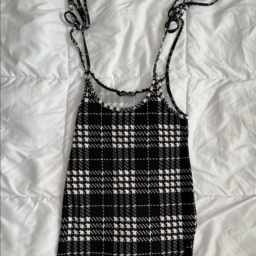 Plaid self-tie overall dress